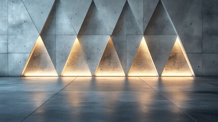 A textured concrete surface featuring etched triangular geometric patterns, paired with a seamless matte floor, softly lit with gradient lighting for a dynamic and stylish product display, hd quality,