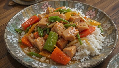 Stir-fried chicken with vegetables served with rice