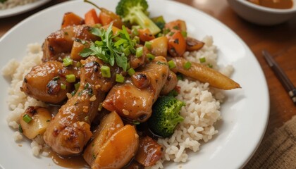 Stir-fried chicken with vegetables served with rice