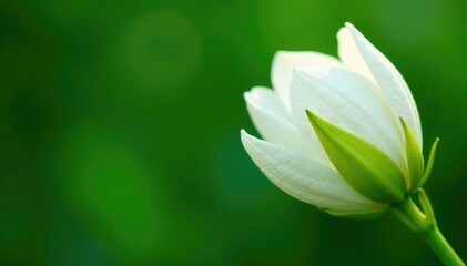 Obraz premium Delicate white petals unfolding on a green stem, flowers, plant details, herbaceous