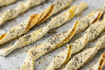 Salty and crispy puff pastry with sesame and chia seeds