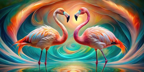 A vibrant abstract painting of two flamingos standing in a colorful swirling background, their necks gracefully bent in a delicate dance of feathers and light.