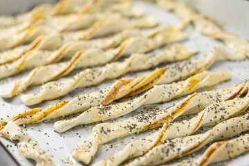 Salty and crispy puff pastry with sesame and chia seeds