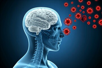 X-ray image of a human head profile with visible brain, and red virus particles targeting the brain area.