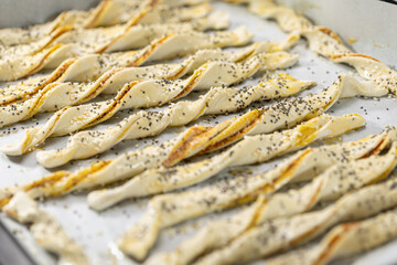 Salty and crispy puff pastry with sesame and chia seeds