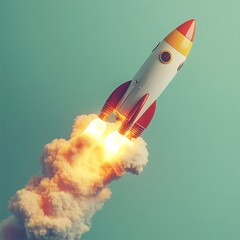 A zoomed-in shot of a 3D rocket in bright red and yellow hues, mid-takeoff with smooth gradients and soft shadows, isolated on a pastel green background