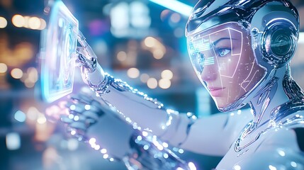 futuristic robot woman using hologram interface - ai and artificial.