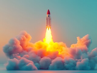 High-resolution 3D render of a red-and-yellow rocket taking off, surrounded by a glow of soft light and pastel smoke, isolated on a light blue background