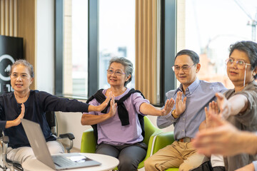 Group therapy session for asian seniors with physiotherapist, physical rehabilitation for elderly, senior fitness program group exercises, health and wellness for elderly physical therapy exercises