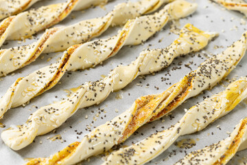 Salty and crispy puff pastry with sesame and chia seeds