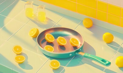 Sunlit kitchen scene with oranges in a pan.