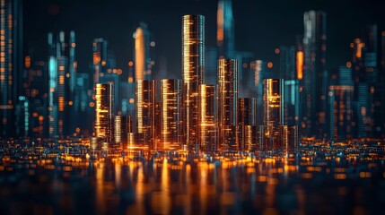 Futuristic city skyline at night with glowing skyscrapers and reflective surface.