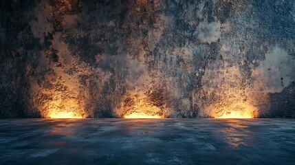 Fototapeta premium A weathered concrete surface with areas of crumbled material exposing earthy layers underneath, paired with a smooth matte floor, illuminated with gradient lighting to highlight the depth and texture,