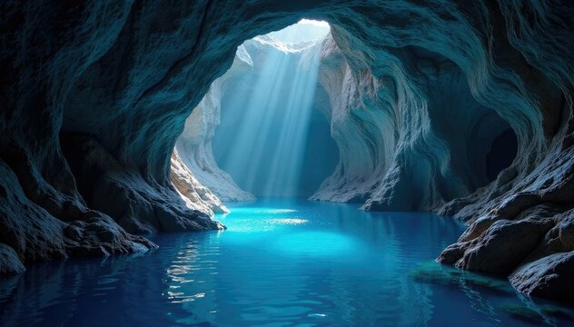 Fiocchi d'azzurro danzano sopra il canto della caverna di roccia umida, umido, specchiare, luce
