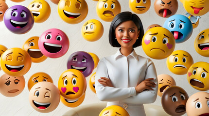 Obraz premium Confident woman amidst a spectrum of emojis, showcasing diverse emotions