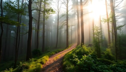 Fototapeta premium Hiking trail through natural green beech forest in the morning light, the sun shines through the morning mist