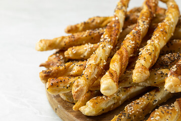 Salty and crispy puff pastry with sesame and chia seeds