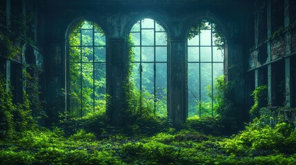 Fototapeta premium Overgrown ruin with three large arch windows.
