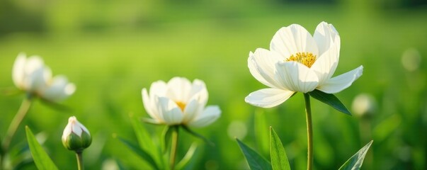 Gentle breeze rustles petals of white peonies amidst lush green fields, wind, flowers