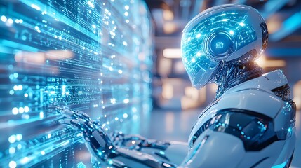 futuristic robot interacting with data screen - ai and robotics