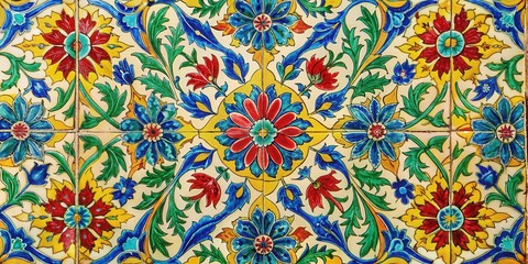 A vibrant pattern of intricate floral designs on a tiled surface, showcasing a symphony of colors, with red, blue, and yellow dominating the composition.