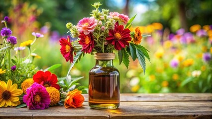 A Vibrant Bouquet of Summer Flowers in a Clear Glass Bottle, Resting on a Wooden Table Against a Lush Green Background