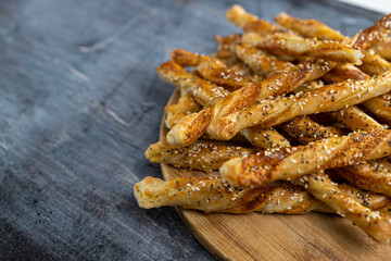 Salty and crispy puff pastry with sesame and chia seeds