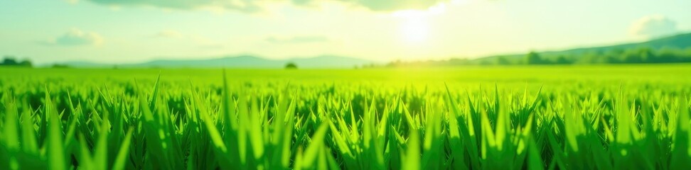 Obraz premium green lush grasslands with ruzi grass emerging in the distance, field, stems, growth