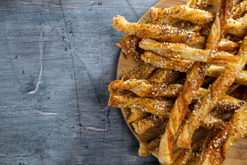 Salty and crispy puff pastry with sesame and chia seeds