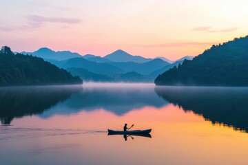 Serene Dawn Reflection with Kayaker on Tranquil Lake Landscape