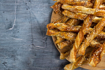 Salty and crispy puff pastry with sesame and chia seeds