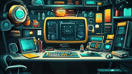 Fototapeta premium Futuristic workspace, tech gadgets, night, design, game development