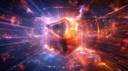Fototapeta premium Glowing cube energy bursts cosmos digital art