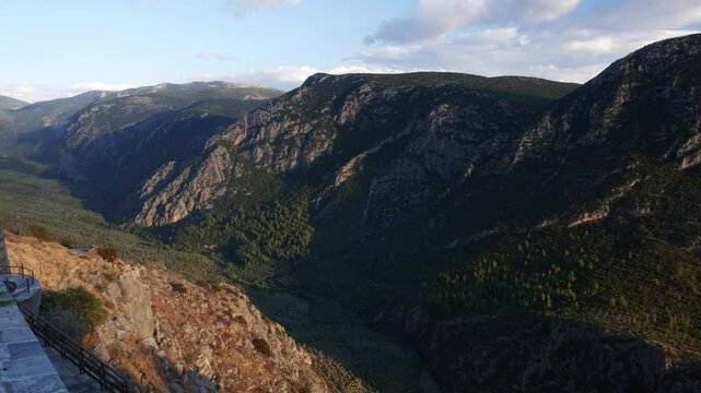The beautiful valley of Delphi, Greece, seen from the main street