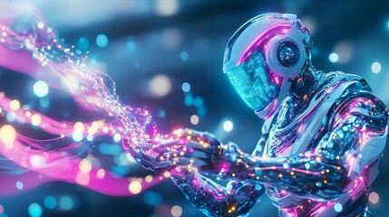 Fototapeta premium futuristic robot & neon energy flow - cyberpunk aesthetics