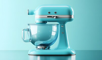 Teal stand mixer with glass bowl.