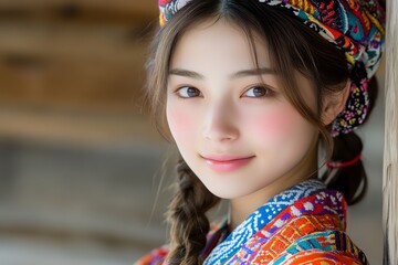 Fototapeta premium Close-up portrait of a young, attractive woman wearing a colorful traditional outfit and headband. Soft lighting and a calm expression.