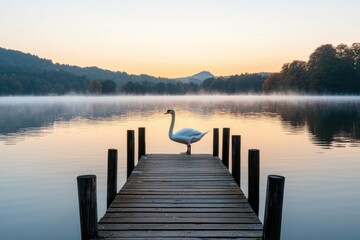 Naklejka premium Serene Swan on Wooden Pier at Dawn with Misty Lake Background