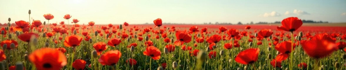 Fototapeta premium Opium poppy field with tall red flowers swaying in the wind, opium poppy, landscape, swaying