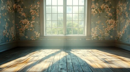 A classic room featuring worn wooden floors and faded wallpaper in muted pastel tones, a large antique window allowing soft light to filter in, rustic and timeless ambiance, hd quality --ar 16:9