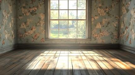 A classic room featuring worn wooden floors and faded wallpaper in muted pastel tones, a large antique window allowing soft light to filter in, rustic and timeless ambiance, hd quality --ar 16:9