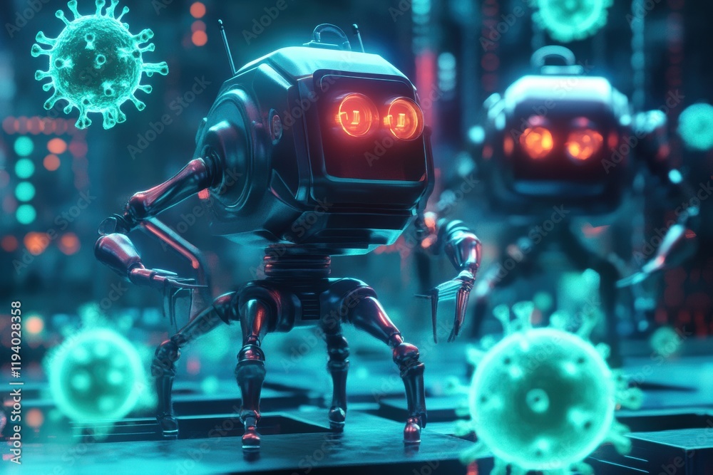 Aufkleber Robots neutralizing viruses in a futuristic lab environment showcasing advanced technology and biosecurity measures. Generative AI