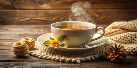 Fototapeta premium A steaming cup of tea on a rustic wooden table, adorned with a knitted coaster and a sprig of foliage, creating a cozy and inviting atmosphere.