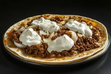 Ground beef, onion, sour cream tortilla, dark background, food photography