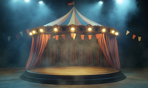 Illuminated vintage circus tent stage with fog.
