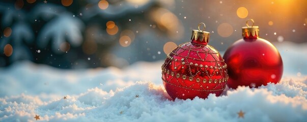 Red glass baubles with gold glitter in a snowy landscape, gold, holiday