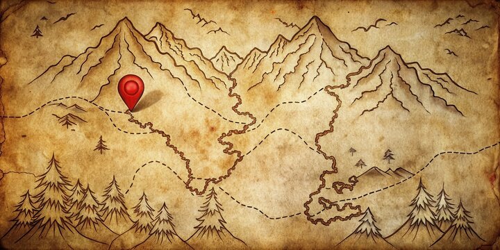 An aged parchment map with a winding path leading to a marked location in a mountain range