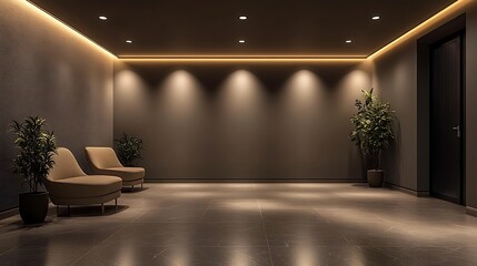 A cozy room with neutral gray walls, warm recessed lighting embedded in the ceiling, smooth floors with a subtle texture, and a tranquil modern atmosphere, hd quality --ar 16:9