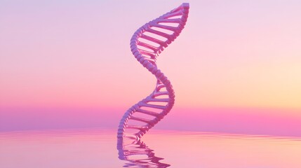 Pink DNA Helix Rising From Calm Waters At Sunset