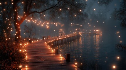 Serene lakeside path illuminated by glowing lights.